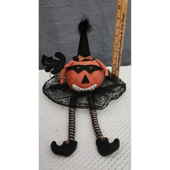 Primitive Folk Art Pumpkin‎ Head Doll Halloween Fall Witch Shelf Sitter Autumn - Picture 3 of 9